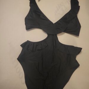 Aerie Black Ruffle One Piece Monkini Swimsuit
